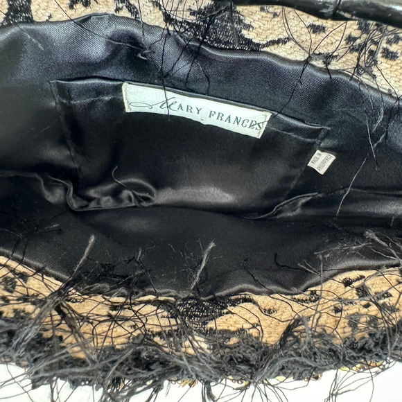 Mary Frances Fully Beaded Semi-Circle Clutch Bag Feather Trim Wood Handle - Picture 5 of 12